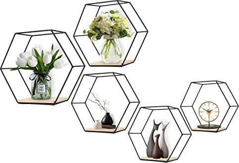 LMYDIDO 5er-Set Hexagon Wandregal Hängeregal, Metall und Holz Schweberegal Wandaufbewahrung Organizer für Küchenregal, Badezimmer, Schlafzimmer, Wanddekoration (Schwarz)