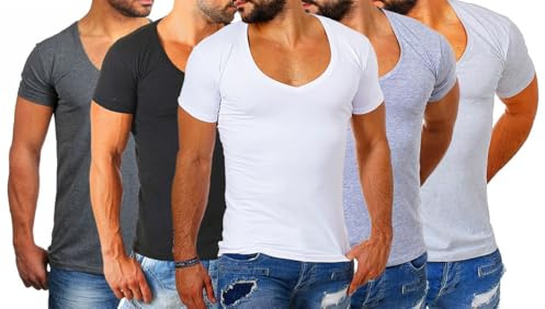 Young&Rich Herren Uni T-Shirt mit extra tiefem V-Ausschnitt Slimfit deep V-Neck Stretch dehnbar Basic Shirt 1315, Grösse:S, Farbe:Weiß/Schwarz/Grau/Dunkelgrau/Hellgrau (5er Pack)