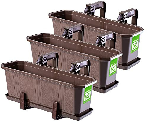 KADAX Jardineras Elegantes con Platos y Soportes para Barandillas de Balcón, Macetas Rectangulares de Plástico, Maceteros Colgantes (3: Marrón, 40 cm)