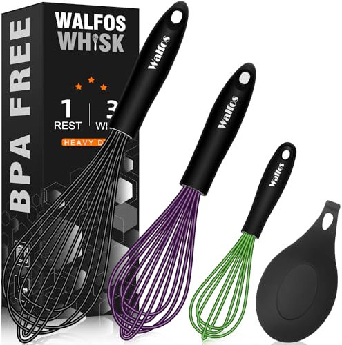 Walfos Set mit 3 Silikon-Ballon-Schneebesen, hitzebeständig, kratzfest, beschichtet, Küchenbesen zum Kochen, antihaftbeschichtetes Kochgeschirr, Backen, Schlagen. (Schwarz/Lila/Grün)