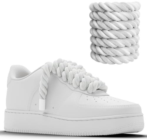 Chunky Laces - Lacci per scarpe bianchi con Aglets bianchi (2 paio), corda spessa 14 mm, lunghezza 140 cm, corda macramè Air Force 1, lacci in corda di cotone naturale in 14 colori per scarpe da