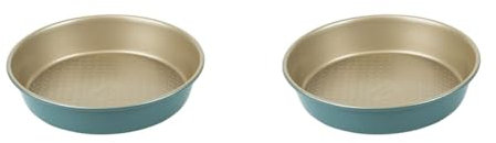 PRESTIGE x Nadiya Round 9 Inch Cake Tins for Baking - Non Stick Cake Tin 23 cm, Dishwasher Safe Lightweight Steel Bakeware, Teal and Gold (Pack of 2)