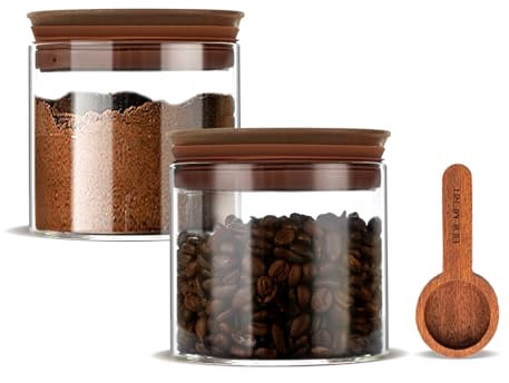 450 ml Vorratsgläser mit Holz Deckel 2er Set, Vorratsdosen Glas mit Schaufel für 400g Kaffeebohnen, Weite Mund Luftdichter Vorratsglas für Gemahlenen Kaffee, Kaffeebar, Küchenzucker