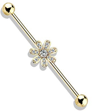 beyoutifulthings Industrial-Piercing Gold Blume Pavé Zirkonia Clear Industrial-Barbell Industrial-Bar Chirurgenstahl Stab-länge 38-mm