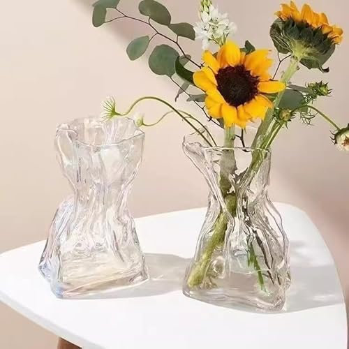 2pcs Blumenvase - Elegante Klarglasvase, 16 x 9X 7 cm Kleine Vasen, Verdicktes Kristallglas, Kreative Vase Moderne Wohnkultur, Glasvase für Büro Dekoration, Regal, Tisch, Bücherregal