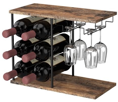 Portabottiglie Vino In Metallo, Portabottiglie con supporto in vetro, Portabottiglie da Tavolo, Porta Vino in legno a 3 Livelli, Porta Bottiglie Vino, per Mobile Cucina Bar (6 bottiglie e 4 bicchieri)