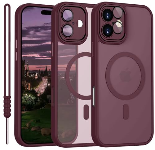 YUANDMI für iPhone 16 Hülle kompatibel mit MagSafe, Hanyhülle für iPhone 16 Magnetisch Dünn Matte Touch Kameraschutz, Anti-Gelb rutschfest Kratzfest Schutz Stoßfest Hülle Dunkel Rot
