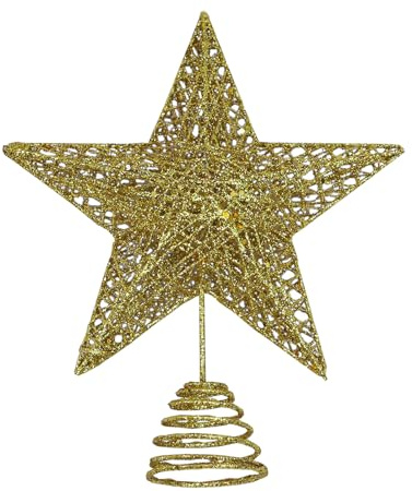 Golden Metal Christmas Tree Topper Glittered Xmas Treetop Hollow Star Topper for Christmas Party Home Decoration