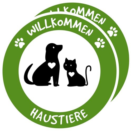 NOMBRETINAS 2x Haustiere Willkommen Aufkleber (Ø 15cm) – Pet Friendly Hunde & Katzen Sticker für Schaufenster, Ladenlokal & Gastronomie – Wetterfest, UV-Beständig & Kratzfest – Rund, Grün