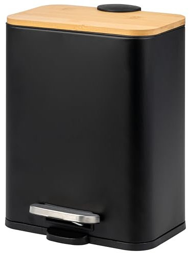 bremermann Kosmetikeimer, Treteimer, 5 Liter Fassungsvermögen, Mülleimer mit Soft-Close Bambusdeckel, Abfallbehälter für Bad, Küche, Büro mit Kunststoffinneneimer, aus Bambus und Metall (Schwarz)
