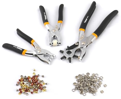 Hoteche 3-in-1 Leather Belt Hole Punch + Eyelet Plier + Snap Button Grommet Setter Tool Kit for Fabric, Shoes,Leather, Clothes, Belt