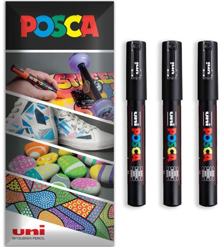 Posca - Water Based Permanent Marker Paint Pen - Multi Surface Use - PC-1M - Pack of 3 Pens in Wallet (Black)