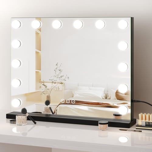 Dripex Hollywood Schminktischspiegel, Schminkspiegel mit 14 Lampen und 3 Farbtemperatur Licht, Hollywood Spiegel mit Beleuchtung, Kosmetikspiegel mit Touch Steuerung, 50 x 42 cm Schwarz