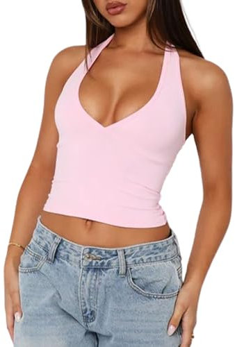 OYIGELZ Damen Tank Top Sexy Y2K Slim fit Oberteile Klassischer Schnitt Basic Shirt Tiefer V Ausschnitt Sommer Ärmellose Neckholder Crop Tops(Hell Rosa-T1,XL)