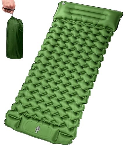 Zeawavsl Matelas Gonflable, Matelas de Camping avec Pompe à Pied et Oreiller, Tapis de Camping Gonflable Résistant à l'eau, Matelas Aérienne Portable pour Camping, Tente, Plage (Vert Olive)