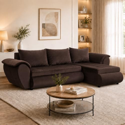 FORNIRO 24 Sierano Ecksofa 265x143x83cm Braun Wohnzimmer Couch Schlafsofa | Mit Schlaffunktion & Bettkasten - L-Form - Kissen - Stoff Komfort | ausziehbar Gäste bequem Stauraum Design hochwertig robust