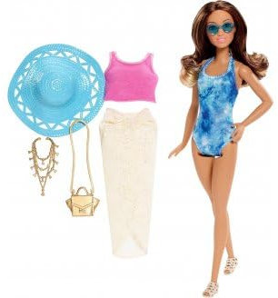 Coffret pour Barbie : poupée Brun Glam en Maillot de Bain + Accessoire - Set poupée Mannequin avec 1 Carte Animal
