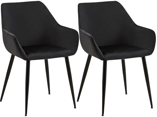 CLP Esszimmerstühle 2er Set gepolstert mit Lehne Luena, Küchenstuhl mit Samt oder Stoff, Sessel Metallgestell schwarz bis 150 kg belastbar | Farbe schwarz Material Samt