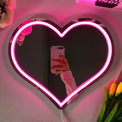 Heart Neon Sign With Dimmer, Pink Love Mirror USB Powered LED Neon Light for Wall Decor Bedroom Party Studio Shop Wedding Anniversary Birthday Gifts for Lovers Girls