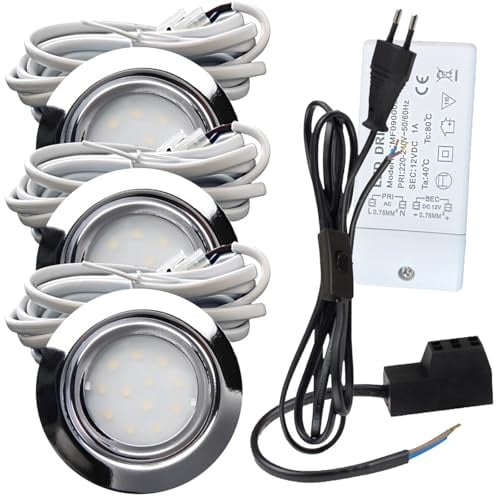 3er Set LED Einbauspot Leni 12V 2,2W Neutralweiß 4000K Chrom | IP44 Ø72mm flach | 240lm je Leuchte | Mit Trafo, AMP-Verteiler & 230V Zuleitung inkl. Schnurschalter | Für Küche & Möbelbeleuchtung