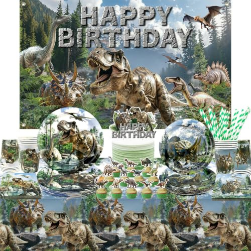 Dinosaur Birthday Party Supplies Kit for Boys, Dino Birthday Decorations-20 Guest-Include Plates, Napkins, Cups, Tablecloth, Backdrop, Cake Topper
