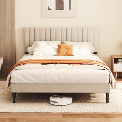 KUTAS Upholstered Bed 150x200 cm, Bed Frame with Adjustable Headboard and Slatted Bed Base, Sturdy Bed Frame, Up to 480 kg, Upholstered Bed, No Box Spring Required, Easy to Assemble, Gray-White