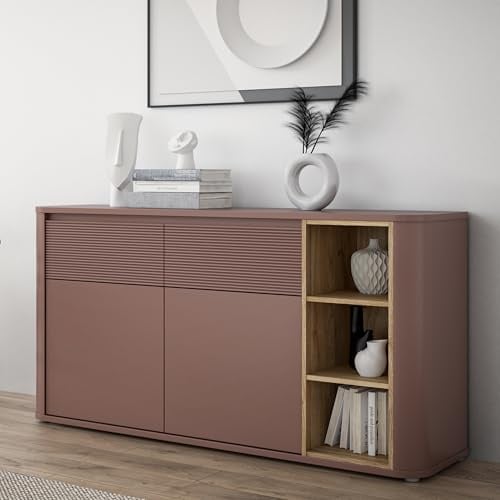 Forte BREATHTAKER Sideboard 160, modern minimalistisch, 2-türig, 2 Schubladen, Regalfach, Reliefstruktur, Holzwerkstoff, Terrakotta/Mauvella Eiche Holzdekor, 160 cm breit x 83,1 cm hoch x 41,3 cm tief
