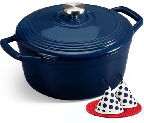 Overmont Bräter emaille Gusseisen Topf - Schmortopf 24cm backofengeeignet - mit Deckel und Kochbuch - für Küche Backen Schmoren Braten Indigoblau