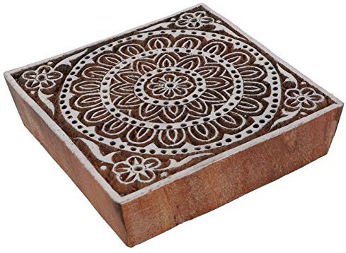 GURU SHOP Indischer Textilstempel, Holz Stoffdruckstempel, Blaudruck Stempel, Druck Modell - 10x10 cm Mandala 2, Braun, Indische Holzstempel
