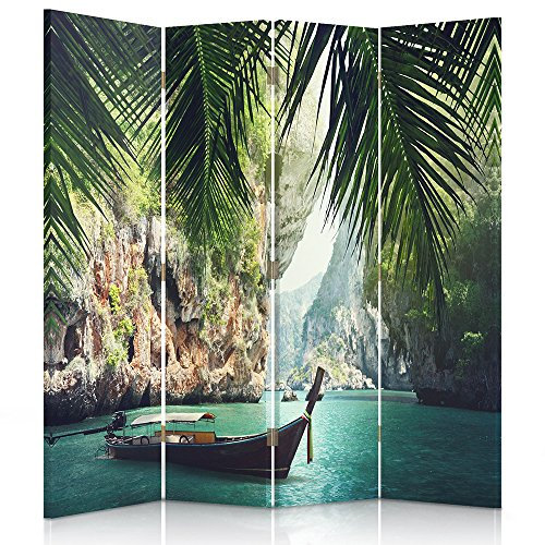 Feeby Paravent Palmen Tropen 145x150 cm 4 Teilig Modern Design einseitig Raumteiler Wandschirme Foto Trennwand Raumtrenner Sichtschutz Spanische Wand auf Leinwand Bedruckt Blau Grün
