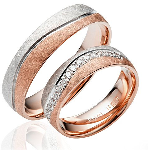 JC Trauringe Gold 585 Paarpreis Bicolor Rotgold Weißgold 5,5 mm I Partnerringe mit Gravur in edler Schatulle I 2 Hochzeitsringe breit Herrenring ohne & Damenring mit Stein I J139S