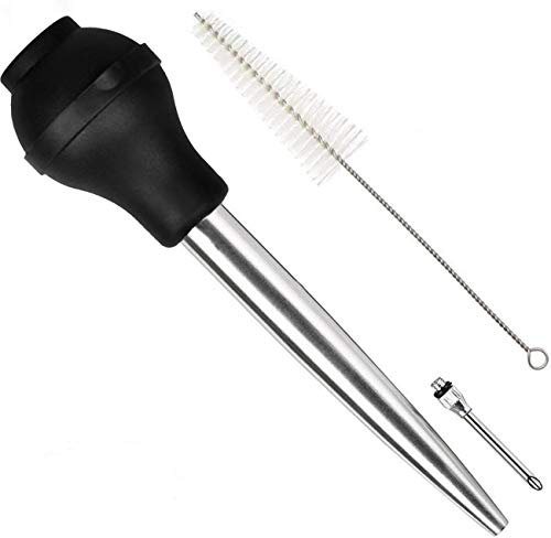 Home Servz Deluxe 304 Stainless Steel Turkey Baster Syringe Injector Needle with Cleaning Brush- Newest Black Silicone Bulb