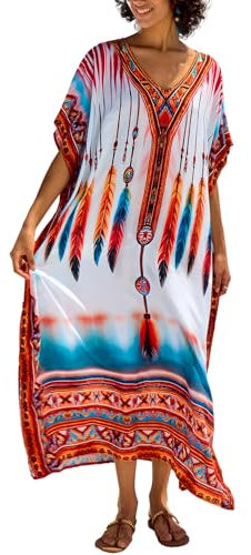 L-Peach Femme Été Coton Broderie Florale Longue Kaftan Robe Paréo de Plage pour Maillot de Bain, Blanc, Taille unique