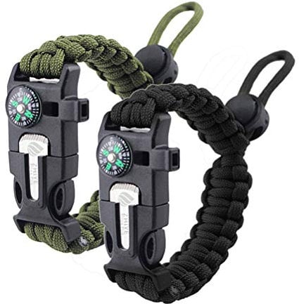 ZHIYE Survival Paracord Bracelet Flint Fire Starter Scraper Compass Wilderness Survival Whistle Adjustable Wristband 2Pack Black&Armygreen
