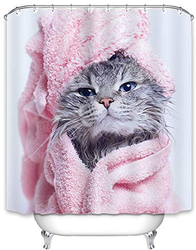 X-Labor Rideau de douche animal 240 x 200 cm - Imperméable - Tissu anti-moisissure - Avec 12 anneaux de rideau de douche, rideau de douche lavable 180 x 200 cm Motif Chat B