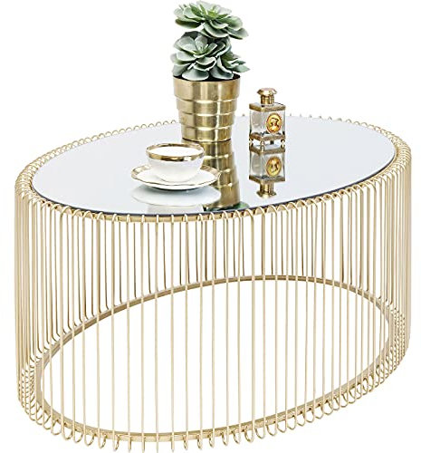 Kare Design Couchtisch Wire Uno, Brass, Wohnzimmertisch, Beistelltisch, Stahlgestell, Glas Tischplatte, oval, 41x90x60 cm (H/B/T)