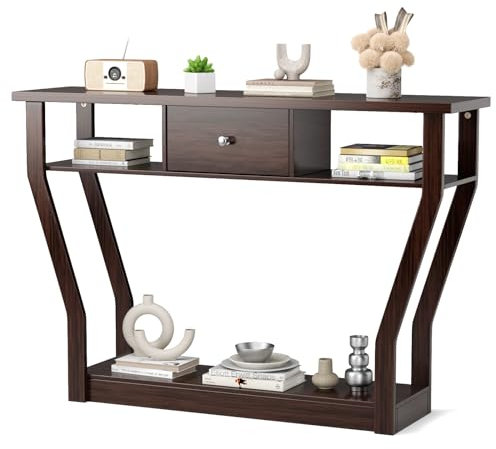 GOPLUS Table Console en MDF Anti-Bascule avec Tiroir et 3 Étagères, Console avec Base Stable et Durable, Idéal pour Salon, Chambre, Entrée,120 x 30 x 81 CM, Charge Max 50KG (Marron)
