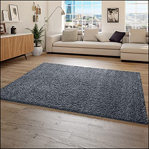 Paco Home Hochflor Teppich Wohnzimmer Shaggy Langflor Modern Einfarbig Ohne Muster, Grösse:160x220 cm, Farbe:Blau