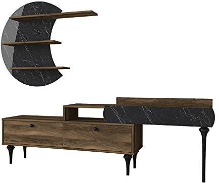 moebel17 5996 Padre Wohnwand modern Anbauwand TV Lowboard Mediawand, Braun, Holz, Marmor Optik, Hängeregal, 2 Türen, viel Stauraum, glänzend, 181 x 58 x 30 cm