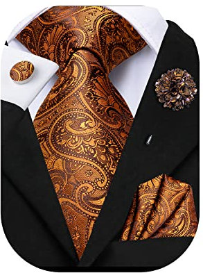 Hi-Tie Seidenkrawatte und Einstecktuch Manschettenknöpfe, Reversnadel-Set, Jacquard, Hochzeit, Business, Krawatte für formelle Anlässe, dunkelorange, M
