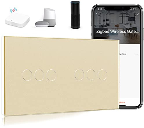 BSEED Smart ZigBee Interrupteur double WiFi Touch Prise en charge Alexa 3 voies Tuya et verre compatible Google (hub ZigBee nécessaire, pas de neutre) Doré