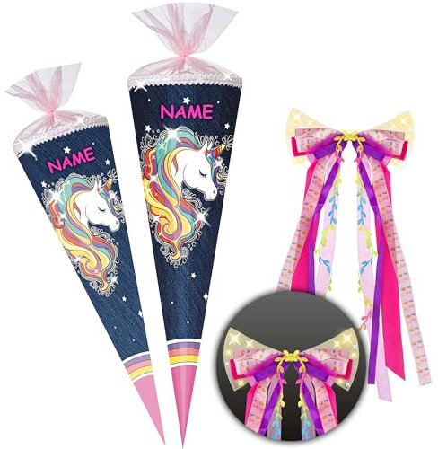 alles-meine.de GmbH mit Glitzer & Glimmer ! Schultüte - Einhorn - Regenbogen Mähne 70-100 cm Größe wählbar inkl. Name + LED LICHT - Schleife - Zuckertüte - Tüllabschluß..