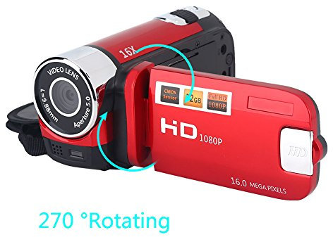 Videocámara de Mano Videocámara 16X Videocámara Full HD Pantalla de 2,4 Pulgadas Rotación de 270 Grados, Cámara Digital con Sensor COMS Altavoz Incorporado, Cámara de Video Digital para(UE-Rojo)