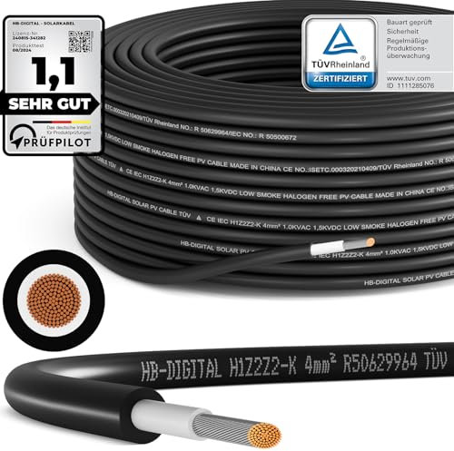 HB-DIGITAL 50m Câble solaire 4mm² Photovoltaïque H1Z2Z2-K - Certifié TÜV Rheinland - aux UV Flexible En cuivre pur 1500V Cable d'installation pour panneau solaire Alimentation en énergie sûre - Noir