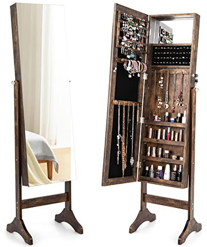RELAX4LIFE Armoire à Bijoux Style Vintage avec 4 Angles Réglables Porte Verrouillable Serrure Clés 4 Étagères Miroir intérieur, Organisateur de Bijoux sur Pied 39,5x36x155,5cm (style2-Marron)