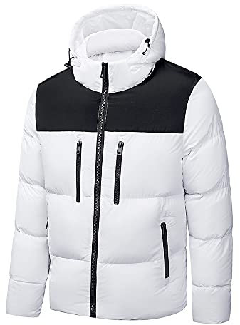 TONY BACKER Giacca da Uomo Jacket Piumino Cappuccio Rimovibile Giubbotto Caldo Casual Multitasche Materiale Sintetico Antivento (M, BIANCO)