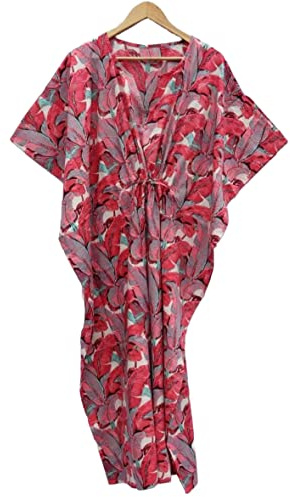 INDACORIFIE Dam bär bomullskaftan, bekväma kläder, indiskt blomtryck, kaftan, indisk klänning, strandskydd, nattkläder,, MULTI, En Storlek