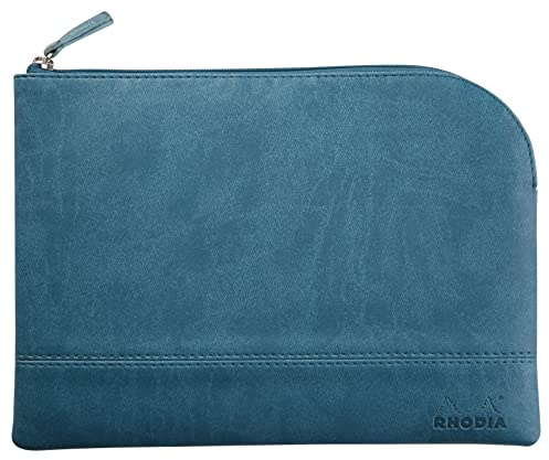 RHODIA 116634C - Faux Leather Zipped Pouch - Peacock - Size M (16 x 22 cm) - Genuine Stitching - Inside Orange Fabric - Storage for Documents, Small Supplies