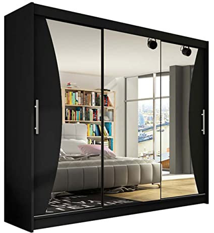 Mirjan24 Kleiderschrank Aston IV, Spiegel, Garderobe, Schlafzimmer, Schwebetürenschrank, Schlafzimmerschrank, Schiebetürenschrank (Schwarz, ohne Beleuchtung)