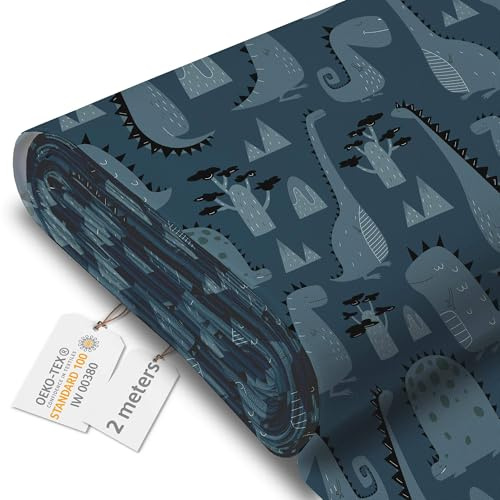 DreamRoots Markisenstoff Meterware, Dark Cartoon Style Dinosaur, 2 m | Oxford Segeltuch wasserdicht, Polsterstoff, 220 g/m² 600D, 160 cm breit, Kinderstoff, für Deko & Nähen